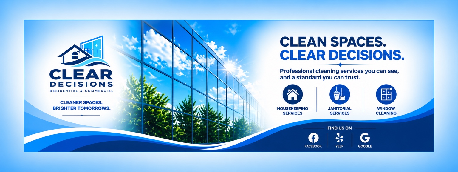 Clear Decisions Home banner: clean spaces, clear decisions